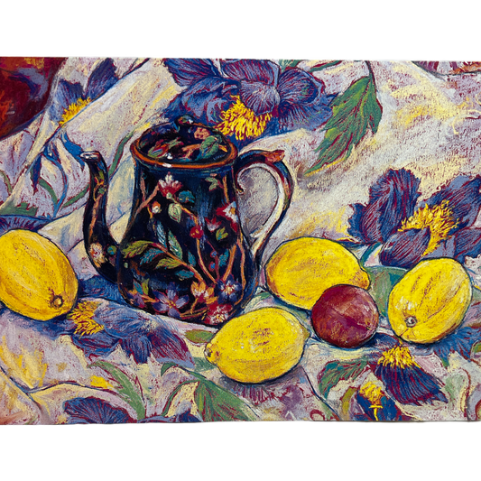 Tea Time Blank Greeting Card With Watercolor still-life of floral pitcher and bright lemons on Tampa Home & Garden Store