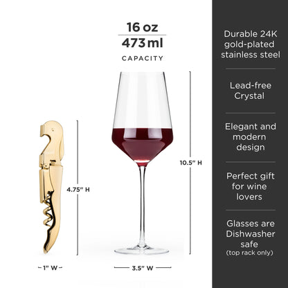 Crystal Wine Glasses and Gold Corkscrew Gift Set