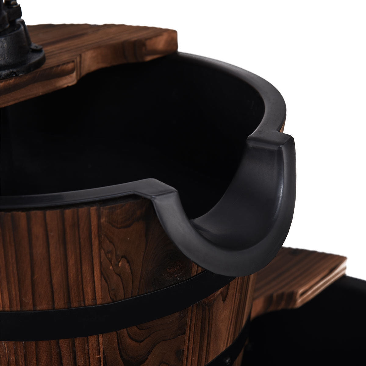 Fuente de barril de madera de dos niveles para exterior con bomba