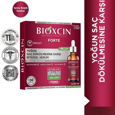 Bioxcin Forte Hair Serum box and bottle, burgundy packaging, 3x50ml, by Beauty Care Bag on Tampa Home & Garden Store