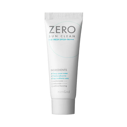 rom&nd Zero Sun Clean SPF50+ sunscreen tube, white packaging with light blue circle graphic on Tampa Home & Garden Store