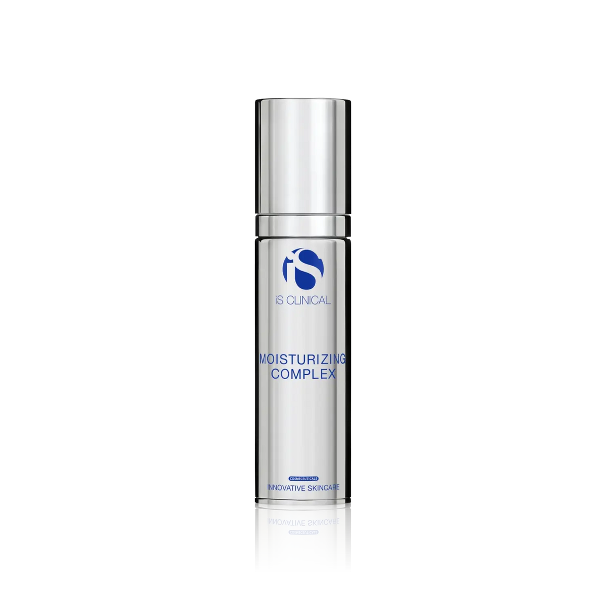 iS Clinical Moisturizing Complex bottle, silver chrome finish with blue logo, 1.7oz Nava Beauty skincare on Tampa Home & Garden Store