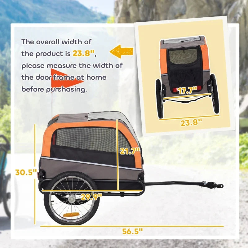 Dog Bike Trailer orange-gray Pet Cart with 20in air tires, quick-release wheels, reflectors, flag on Tampa Home & Garden Store