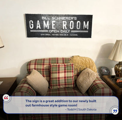 Family Game Room Sign canvas in black with white lettering by Tailored Canvases on Tampa Home & Garden Store