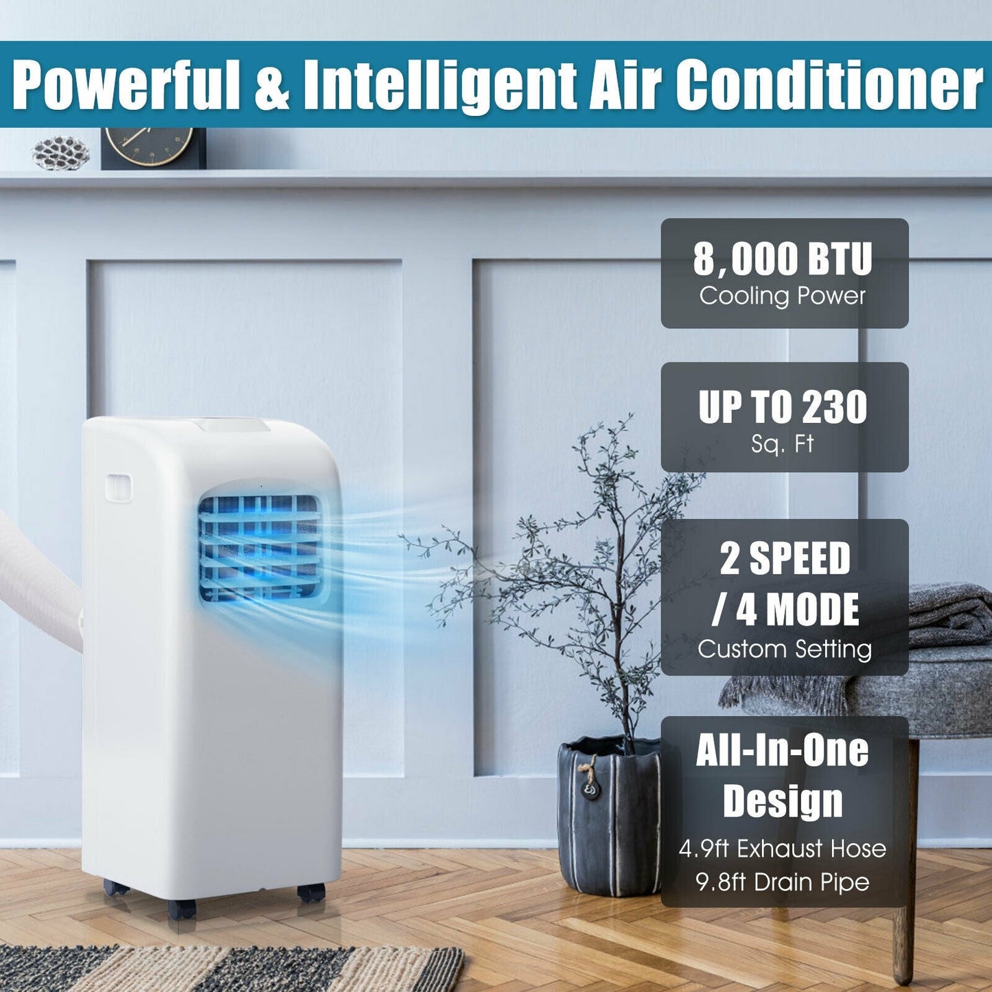 Aire acondicionado portátil de 8000 BTU (Ashrae) con función de deshumidificador