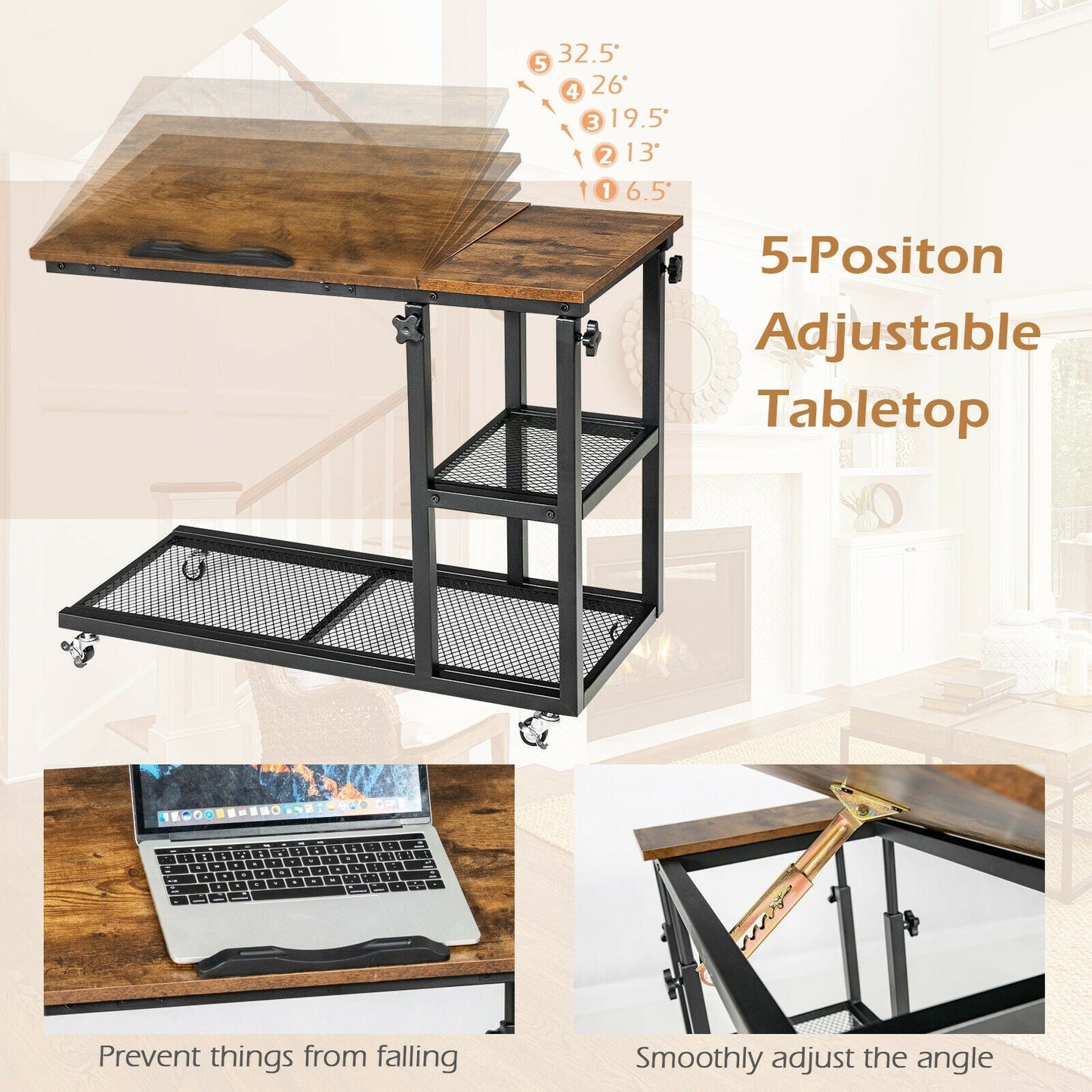 Mesa auxiliar en forma de C ajustable-Marrón rústico