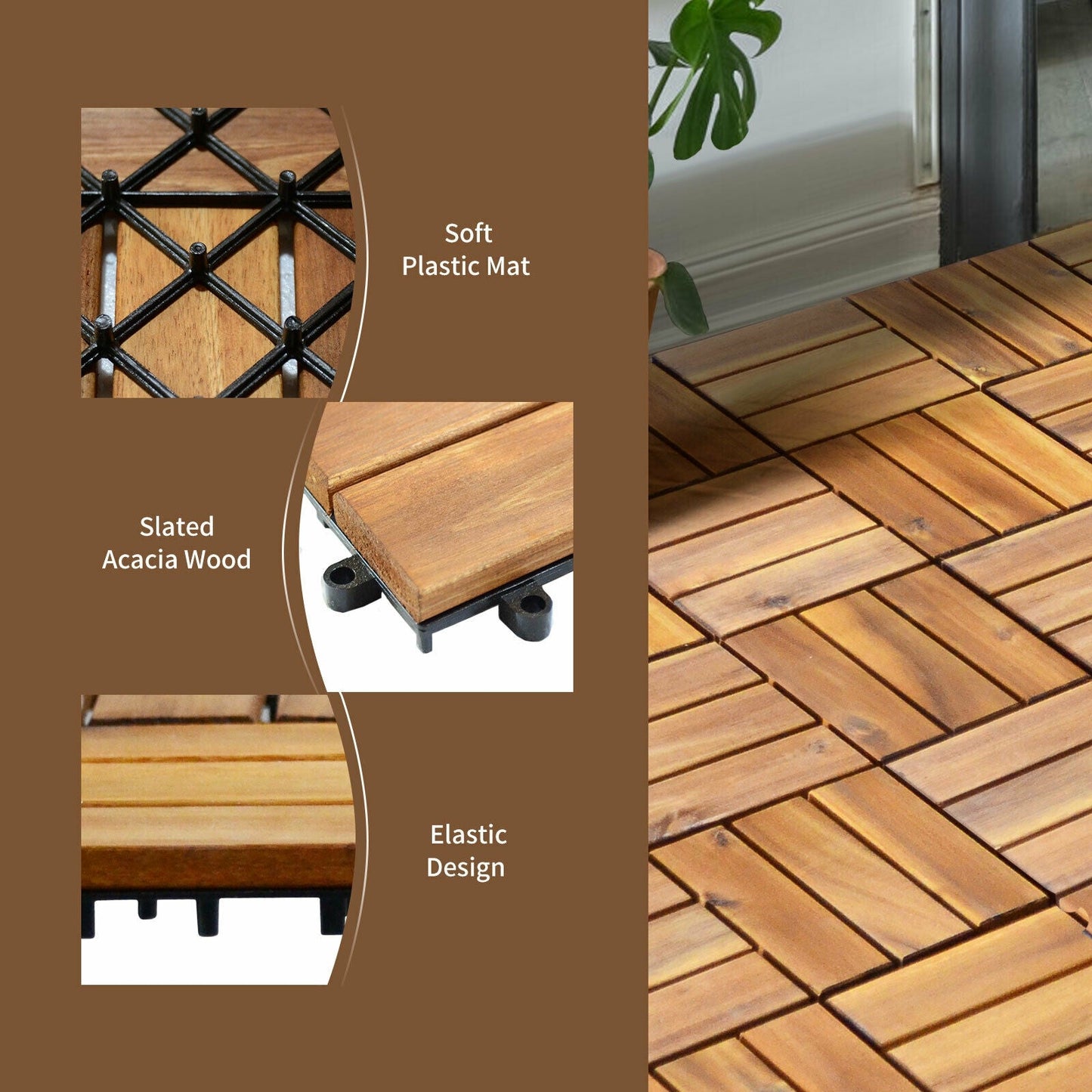 27 piezas de baldosas de madera de acacia entrelazadas de 30 x 30 cm para patio y terraza