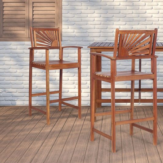 2 Pieces Outdoor Acacia Wood Bar Chairs with Sunflower Backrest and Armrests - Tampa Home & Garden Store