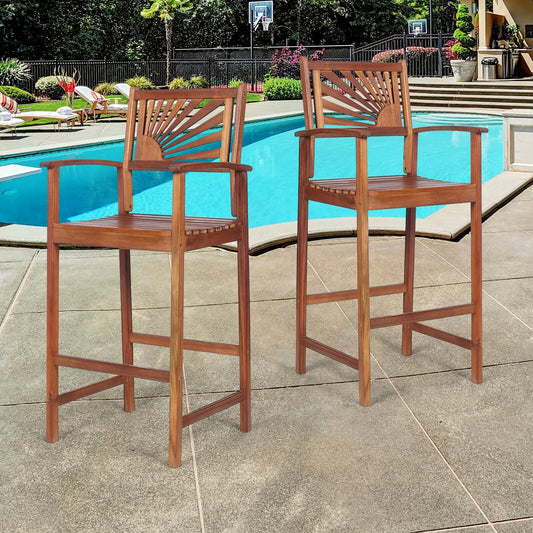 2 Pieces Outdoor Acacia Wood Bar Chairs with Sunflower Backrest and Armrests - Tampa Home & Garden Store