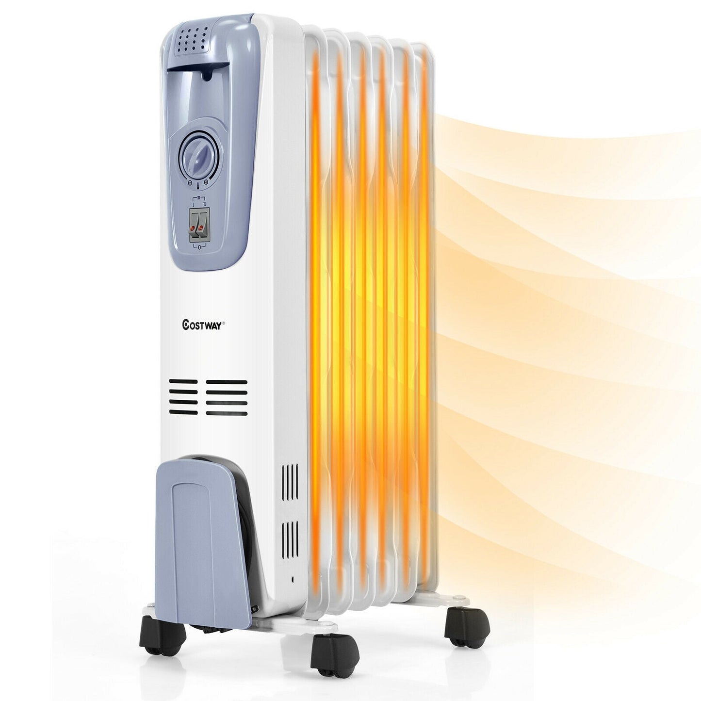 1500W oil-filled radiator with thermostat on wheeled stand, white unit with orange heating fins Costway on Tampa Home & Garden Store