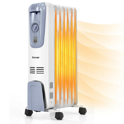 1500W oil-filled radiator with thermostat on wheeled stand, white unit with orange heating fins Costway on Tampa Home & Garden Store