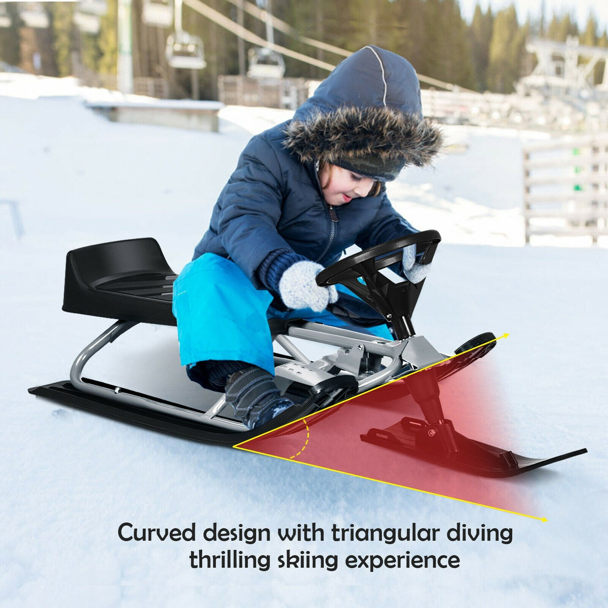 Kids snow sled with steering wheel and double brakes, red front, DirectDeals on Tampa Home & Garden Store