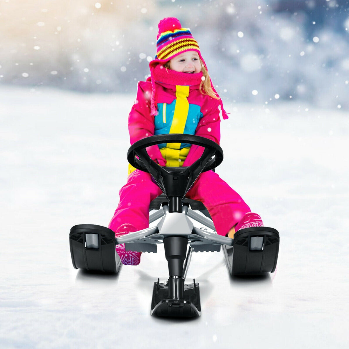 Kids Snow Sled with Steering Wheel and Double Brakes DirectDeals child on black snow racer on Tampa Home & Garden Store