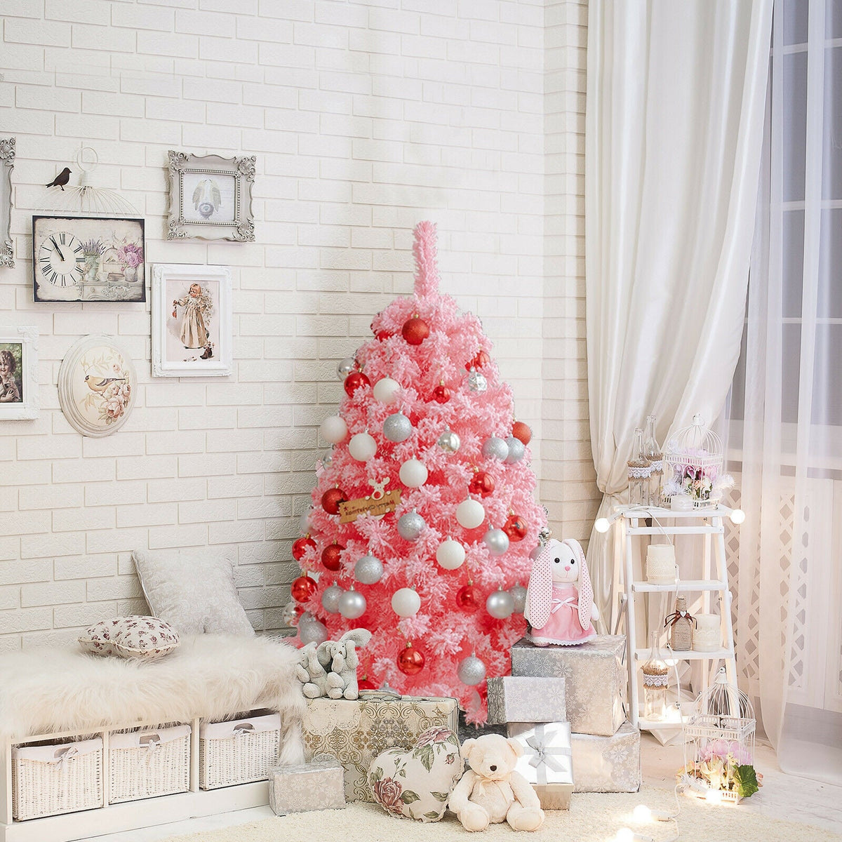 Pink Christmas tree with snow flocked PVC tips and a metal stand DirectDeals artificial tree on Tampa Home & Garden Store