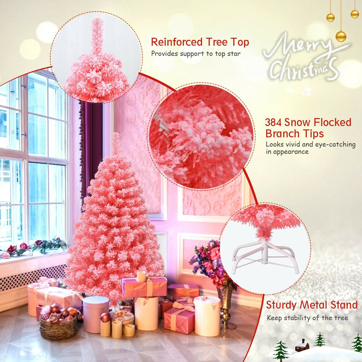 Pink Christmas tree with snow-flocked PVC tips and metal stand DirectDeals artificial tree on Tampa Home & Garden Store