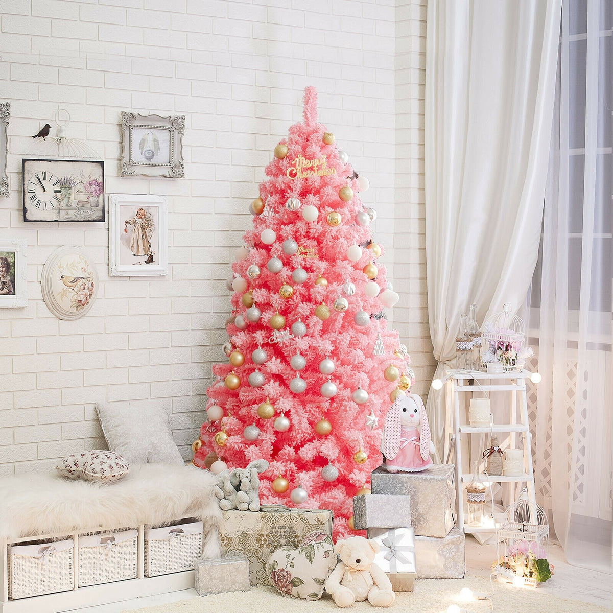 Pink Christmas tree with snow flocked PVC tips and a metal stand, DirectDeals artificial tree on Tampa Home & Garden Store