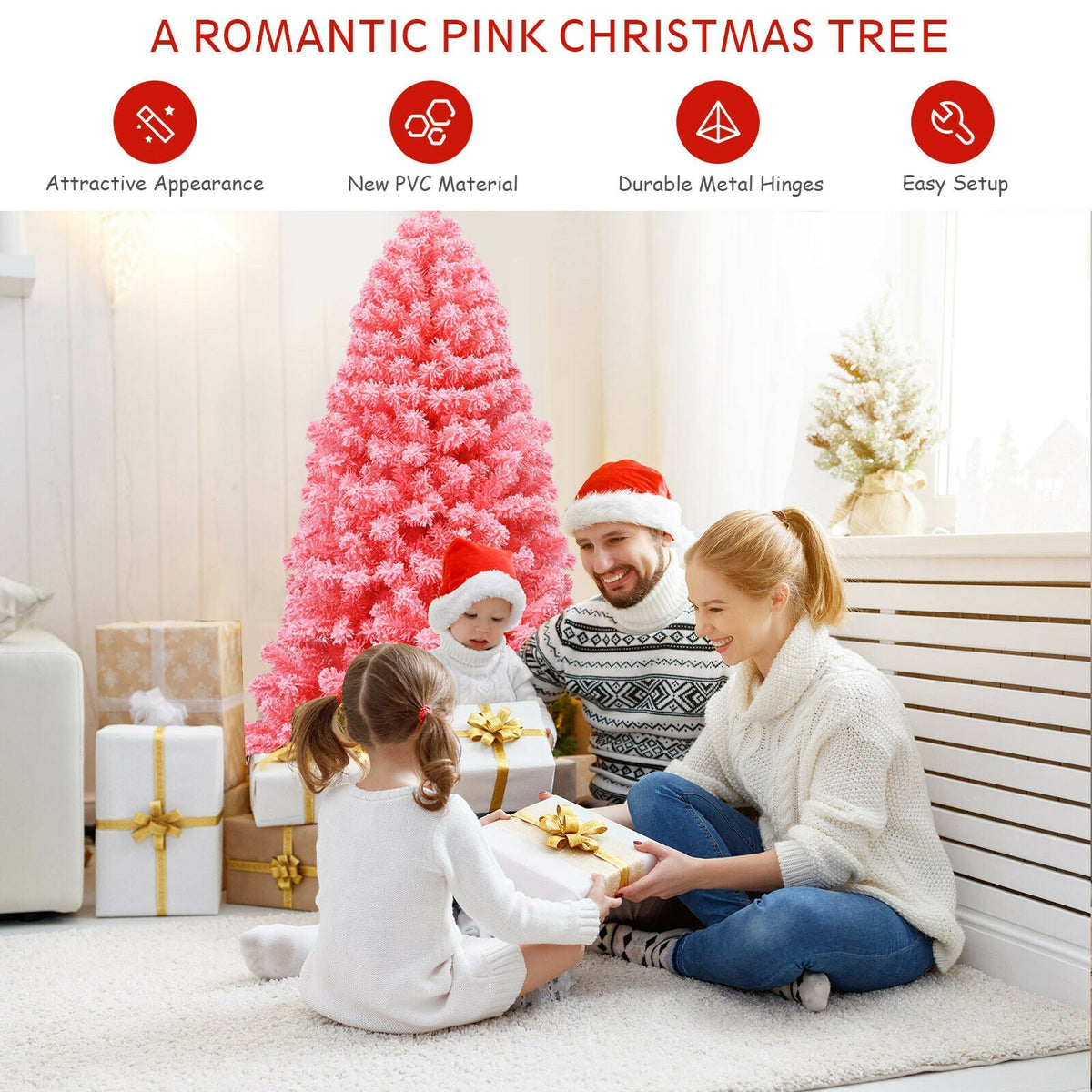 DirectDeals Pink Christmas Tree with Snow-Flocked PVC tips and metal stand in a cozy living room on Tampa Home & Garden Store
