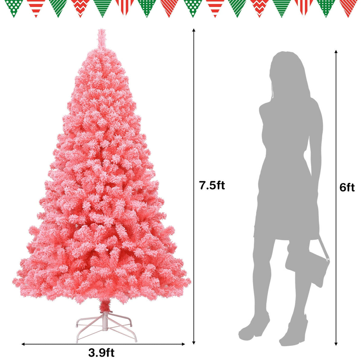 Pink Christmas tree with snow-flocked PVC tips on a metal stand, 7.5 ft tall on Tampa Home & Garden Store