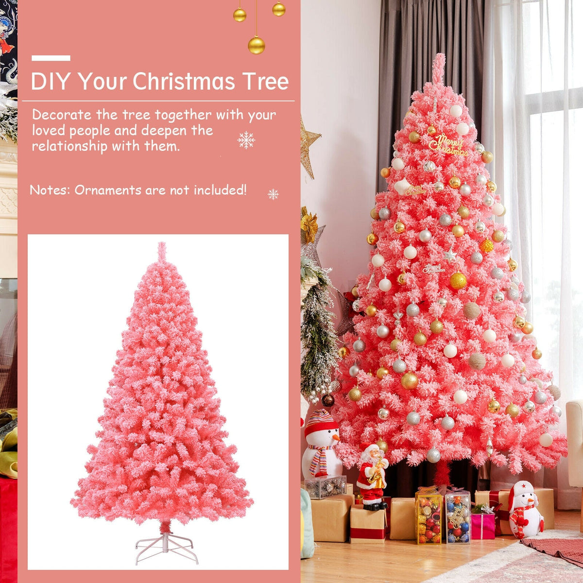 Pink Christmas tree with snow-flocked PVC tips on a metal stand, gold and silver ornaments on Tampa Home & Garden Store