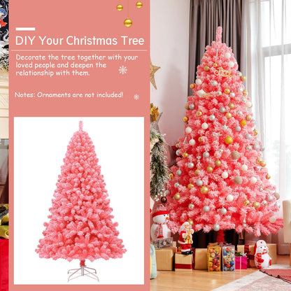 Pink Christmas tree with snow-flocked PVC tips on a metal stand, gold and silver ornaments on Tampa Home & Garden Store