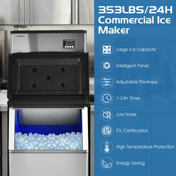 Máquina de hielo comercial de 353 lbs/24 H con depósito de 198 lbs