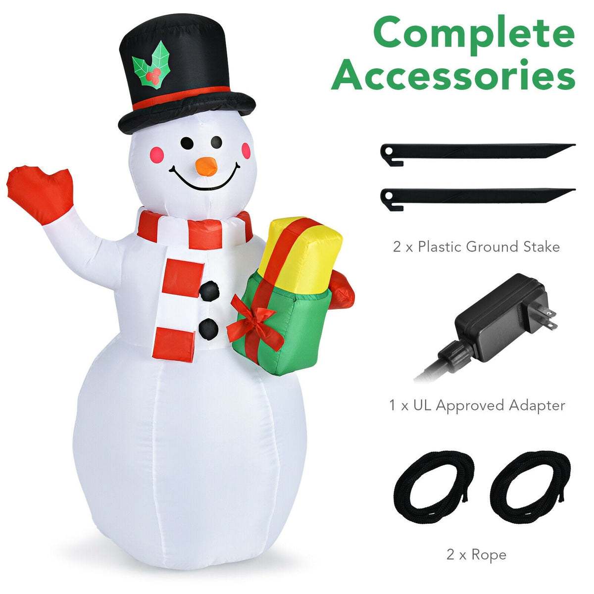 5 ft Snowman Inflatable with LED lights by DirectDeals; white body, red scarf, black hat with holly, 2 stakes included on Tampa Home & Garden Store