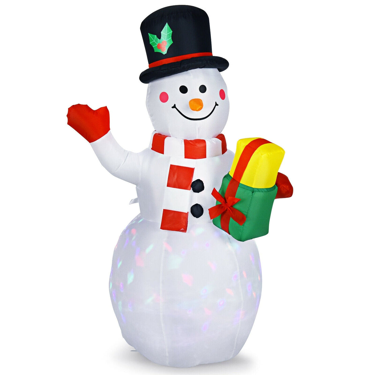 DirectDeals 5 ft snowman inflatable with colorful LEDs, red scarf and top hat, holding a gift on Tampa Home & Garden Store