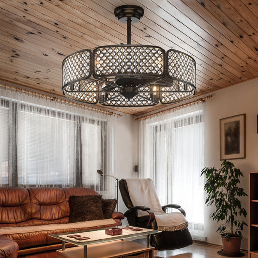 30 Inch Caged Ceiling Fan With Light Crystal Lampshade 6 Light Bases-Brown - Tampa Home & Garden Store
