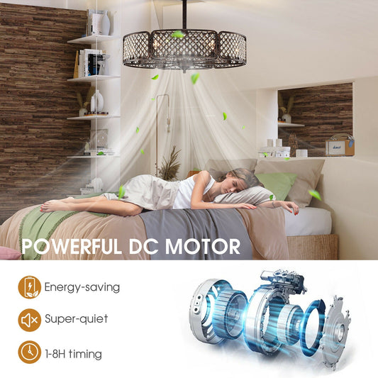 30 Inch Caged Ceiling Fan With Light Crystal Lampshade 6 Light Bases-Brown - Tampa Home & Garden Store