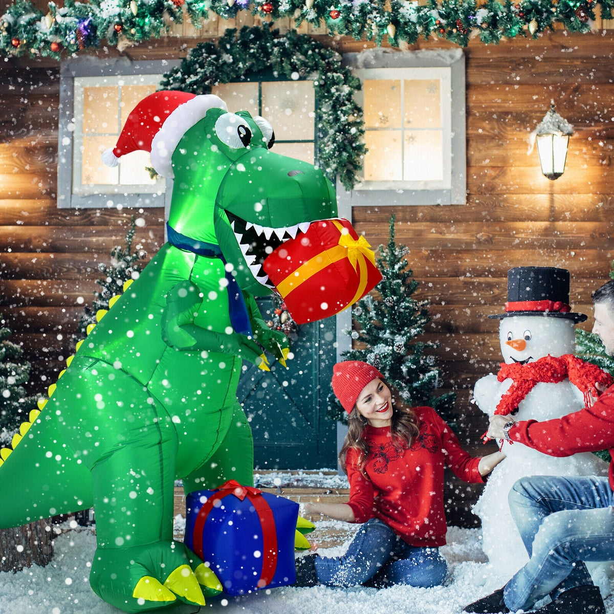 6 ft green Christmas inflatable dinosaur with Santa hat holding a wrapped gift DirectDeals on Tampa Home & Garden Store