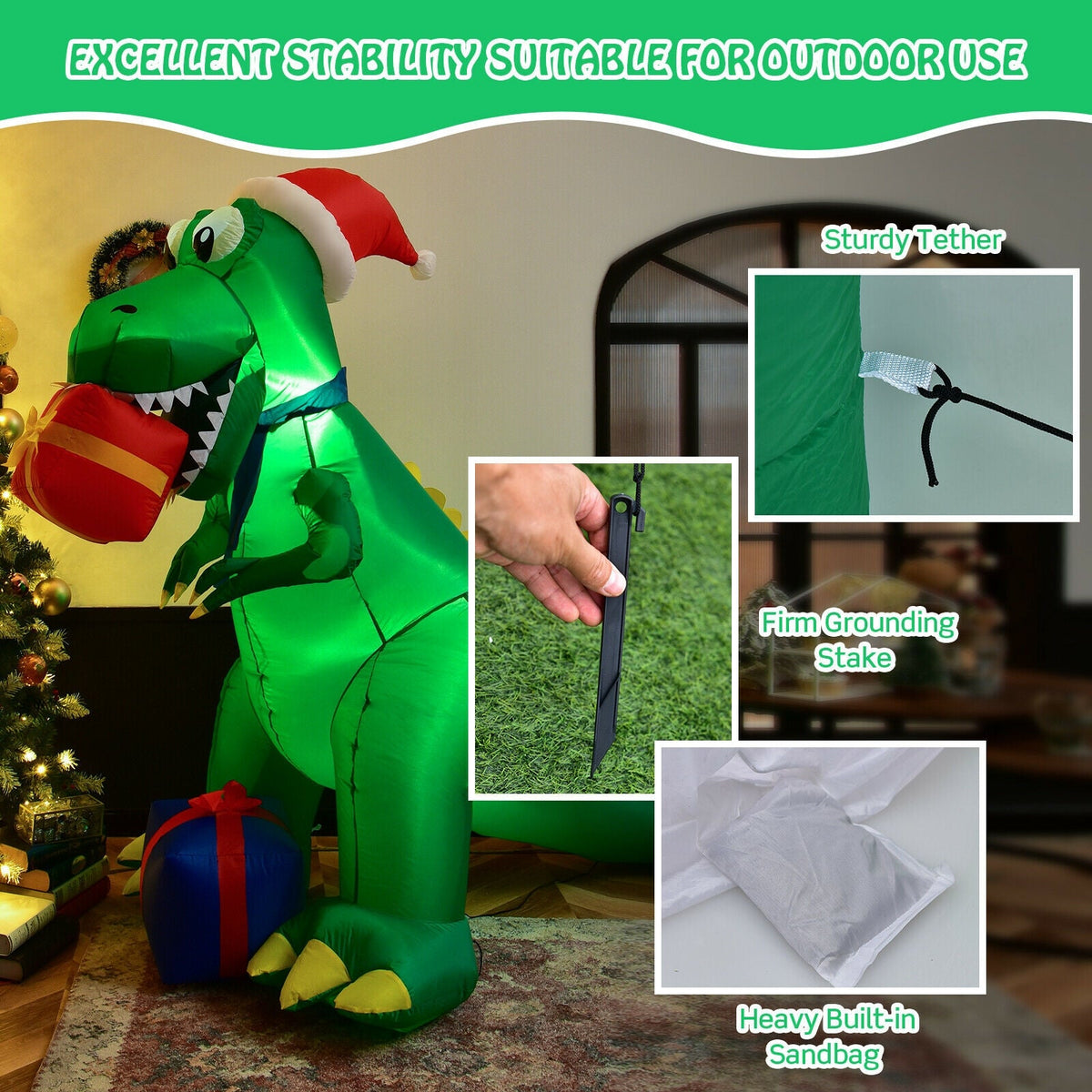 6 Feet Christmas Inflatable Dinosaur by DirectDeals, green indoor/outdoor holiday decoration with Santa hat on Tampa Home & Garden Store
