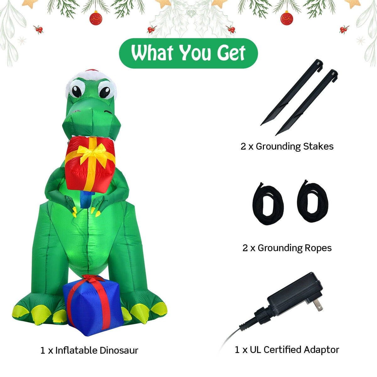 6 Feet Christmas Inflatable Dinosaur by DirectDeals with gift box for indoor outdoor use on Tampa Home & Garden Store