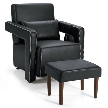 Sillón individual moderno de vellón bereber con otomana y cojín lumbar - Azul