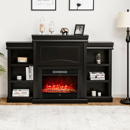 70 Inch Modern Fireplace Media Entertainment Center with Bookcase-Black - Tampa Home & Garden Store