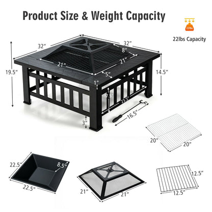 GemGear 32-Inch 3-in-1 outdoor square fire pit table with built-in BBQ grill and rain cover on Tampa Home & Garden Store