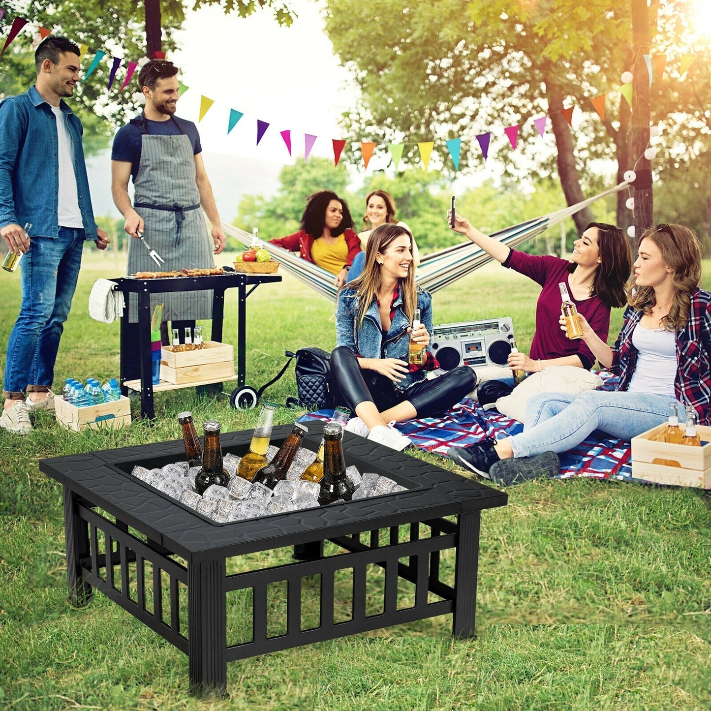 GemGear 32 Inch 3-in-1 Outdoor Square Fire Pit Table with BBQ Grill, black on Tampa Home & Garden Store