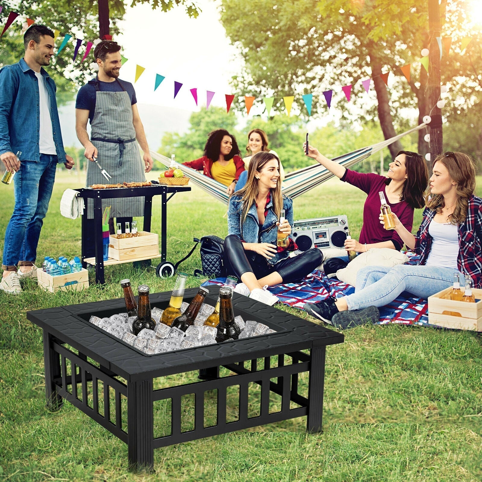 GemGear 32 Inch 3-in-1 Outdoor Square Fire Pit Table with BBQ Grill, black on Tampa Home & Garden Store