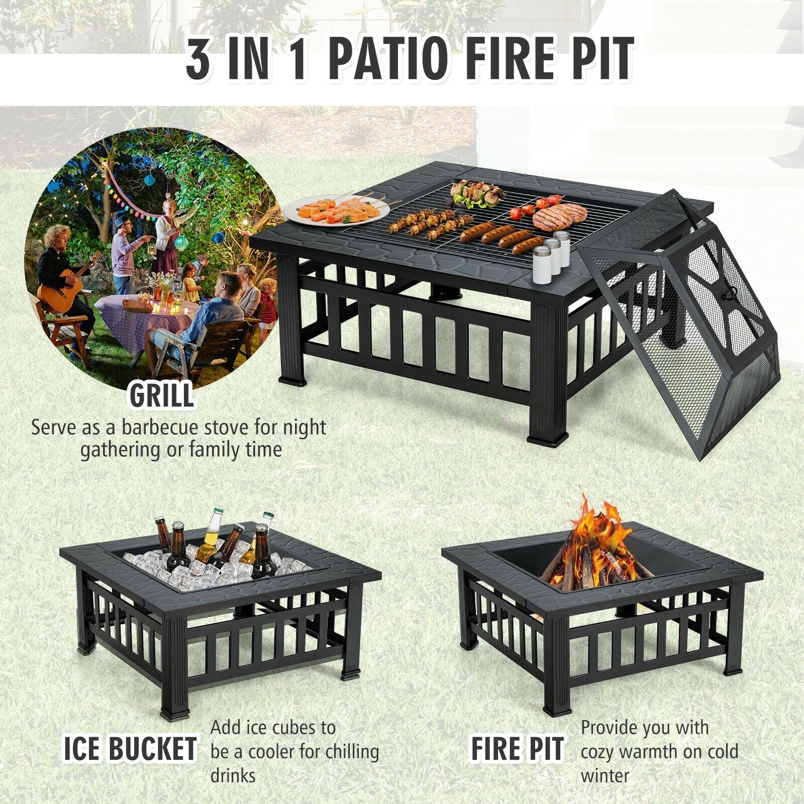 GemGear 32 Inch 3-in-1 outdoor square fire pit table with BBQ grill, black metal, rain cover on Tampa Home & Garden Store
