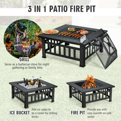 GemGear 32 Inch 3-in-1 outdoor square fire pit table with BBQ grill, black metal, rain cover on Tampa Home & Garden Store