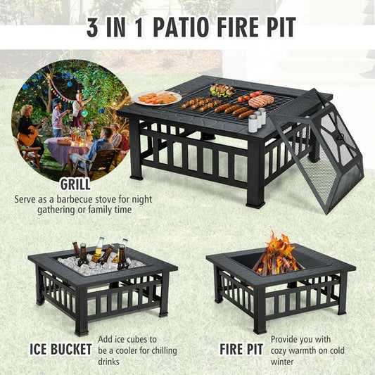 GemGear 32 Inch 3-in-1 outdoor square fire pit table with BBQ grill, black metal, rain cover on Tampa Home & Garden Store