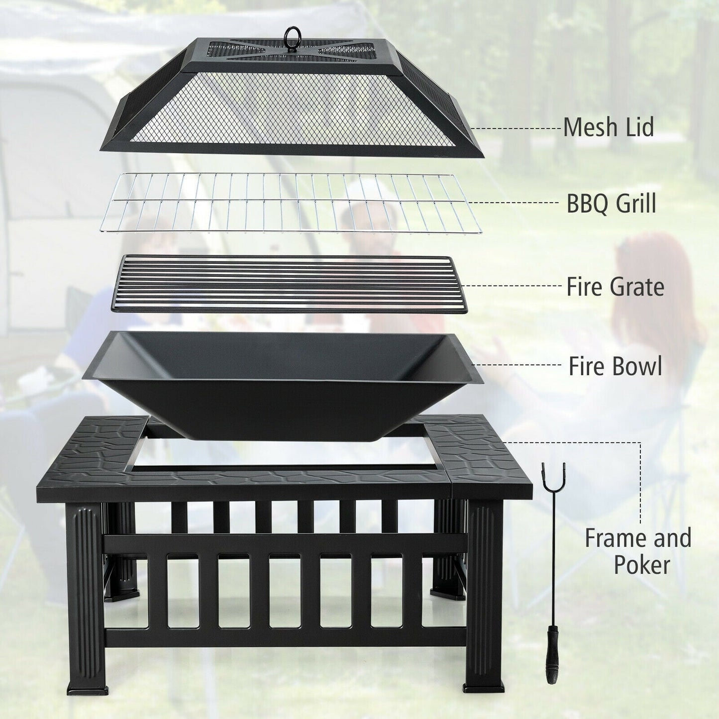32-inch outdoor square fire pit table GemGear with BBQ grill, mesh lid and fire bowl on Tampa Home & Garden Store