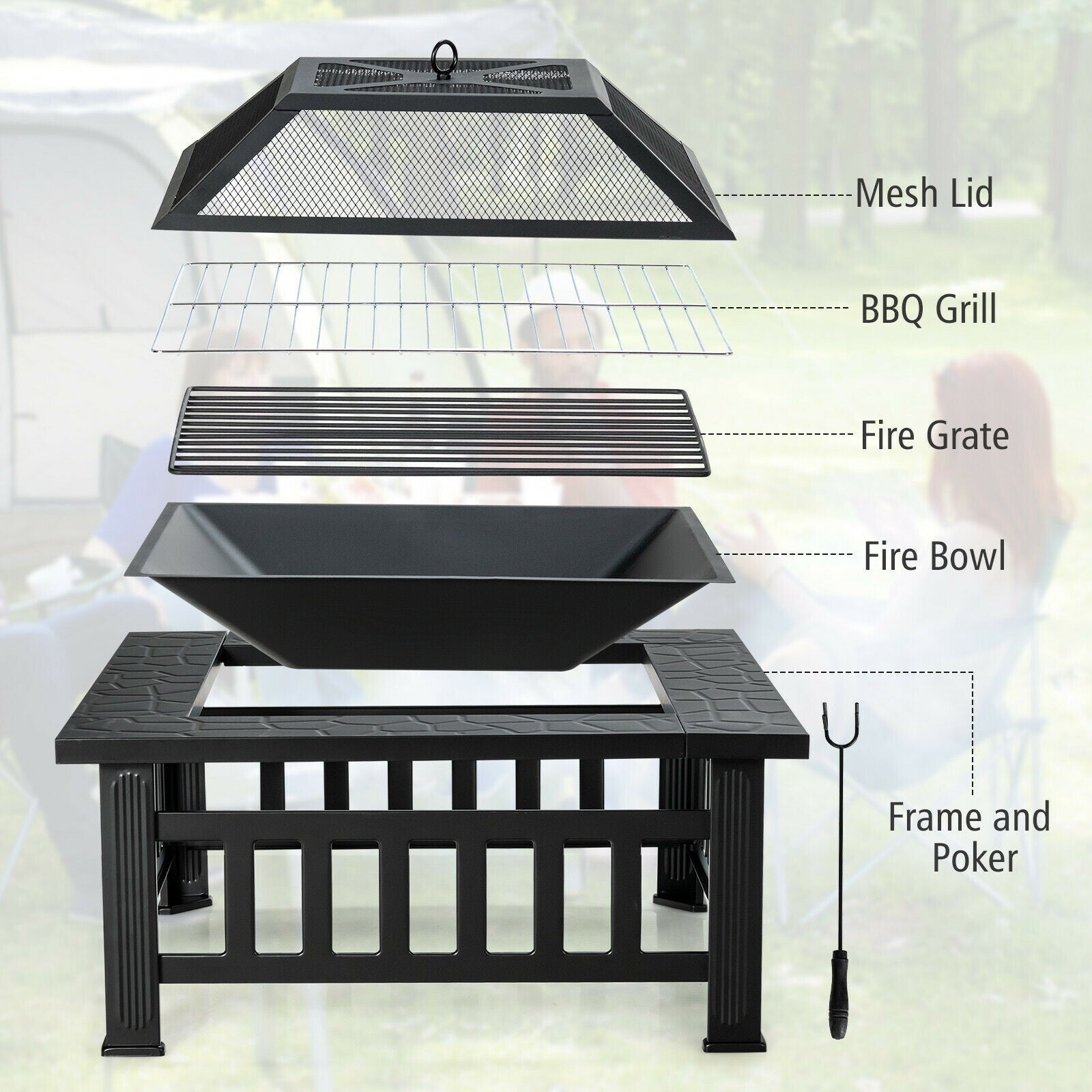 32-inch outdoor square fire pit table GemGear with BBQ grill, mesh lid and fire bowl on Tampa Home & Garden Store
