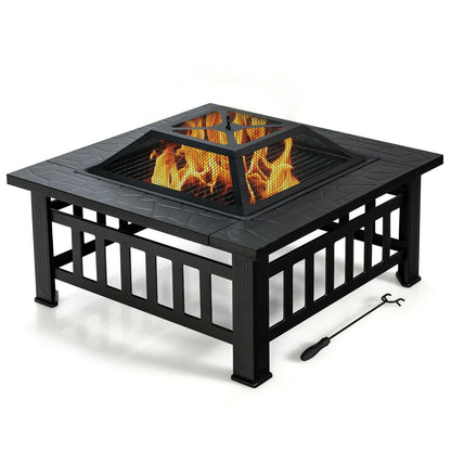 GemGear 32in black metal outdoor fire pit table with built-in BBQ grill and mesh screen on Tampa Home & Garden Store
