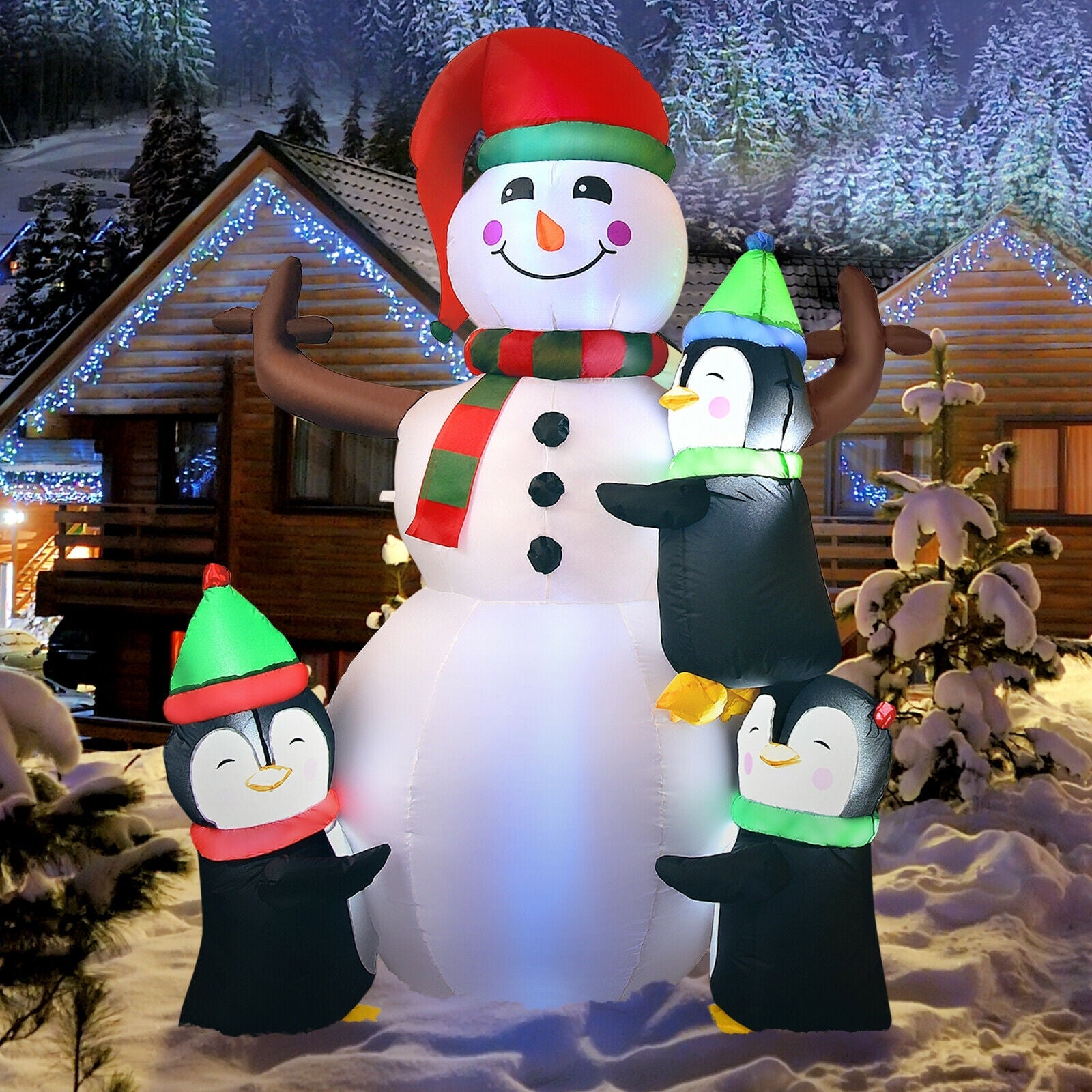 DirectDeals 6ft Christmas Snowman with Penguins; white snowman, red hat, green scarf; yard decor on Tampa Home & Garden Store