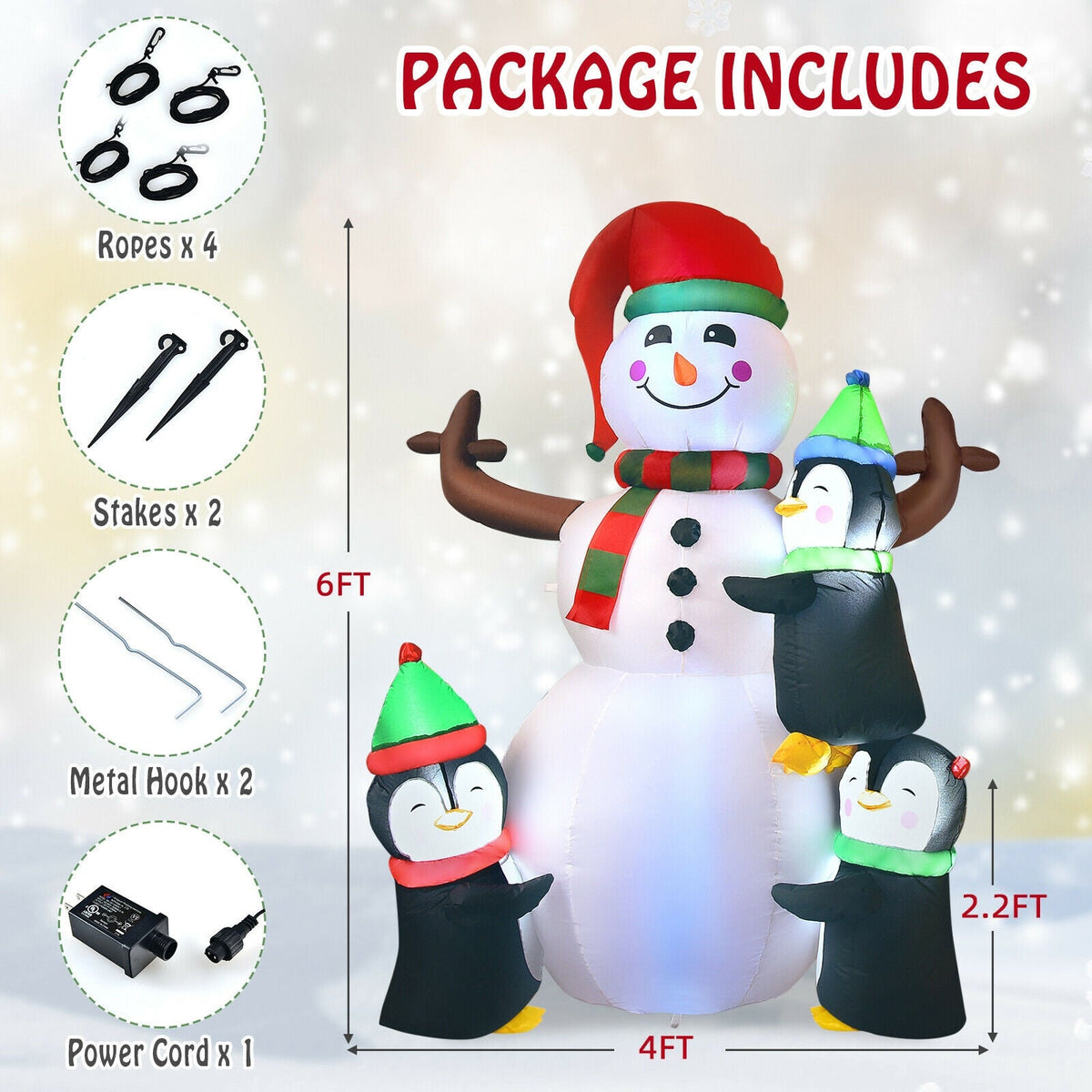 DirectDeals 6ft Christmas inflatable snowman with penguins, includes ropes x4, stakes x2 on Tampa Home & Garden Store