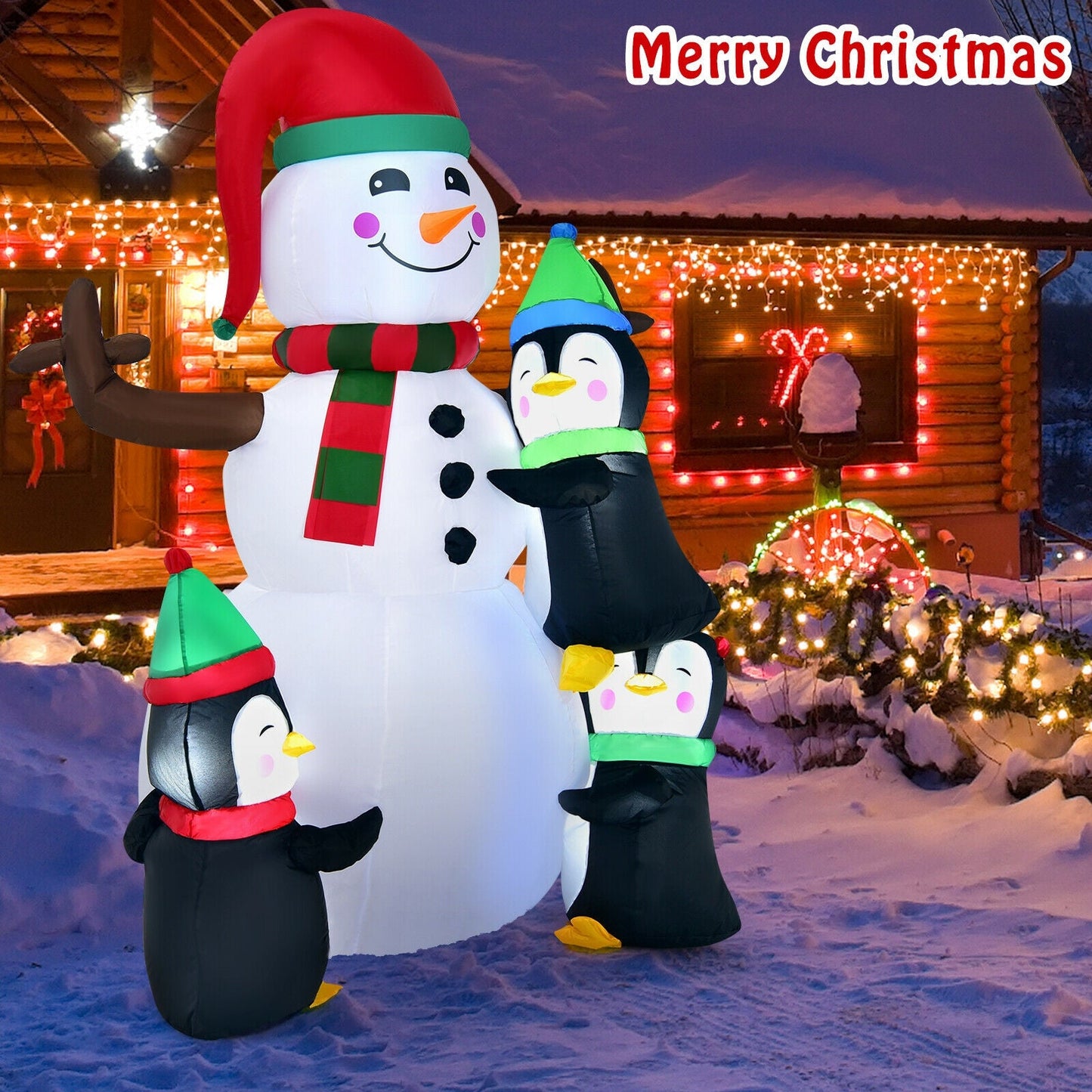 6 ft inflatable snowman with penguins white snowman with red hat and green scarf DirectDeals on Tampa Home & Garden Store