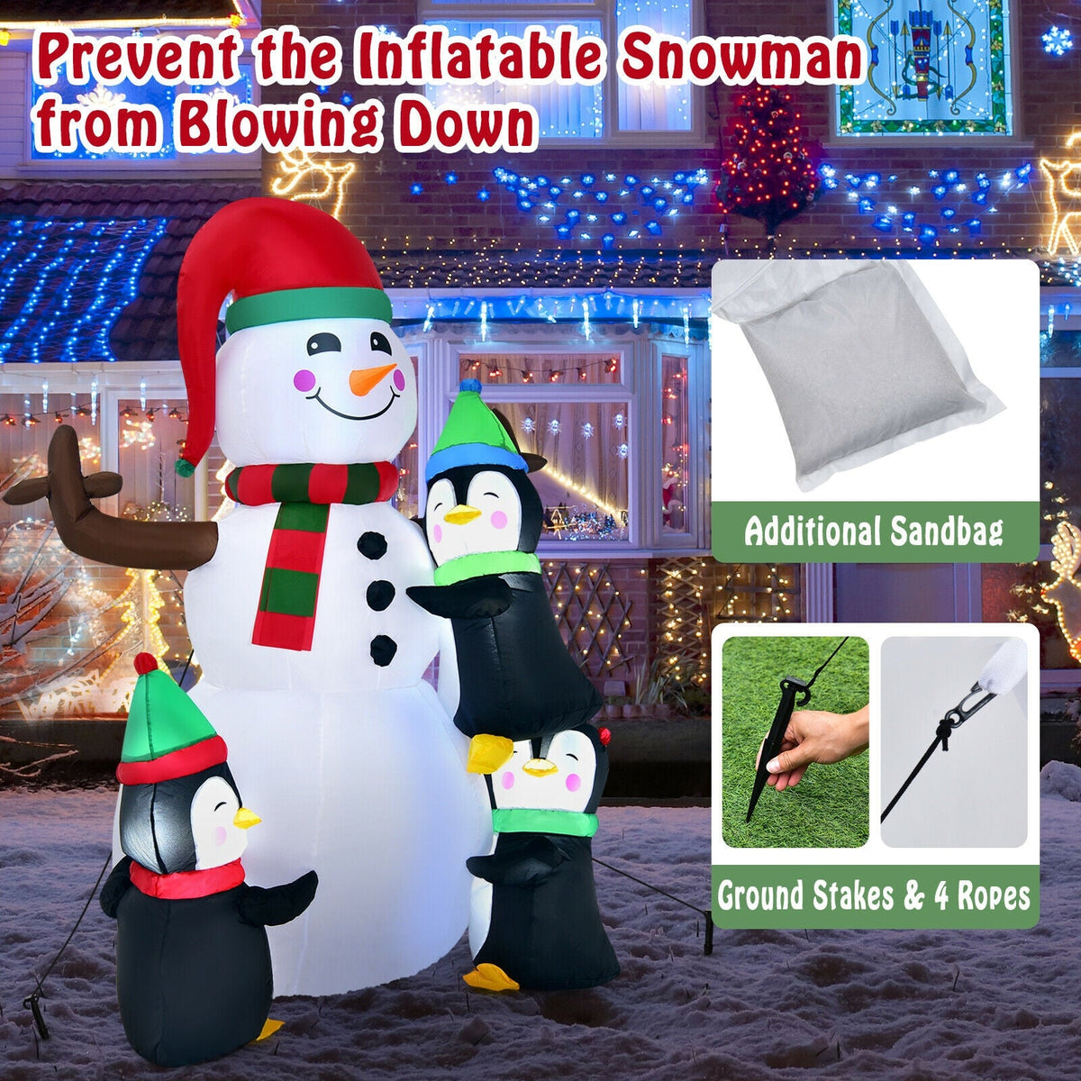 6 ft DirectDeals inflatable snowman with penguins (2), red hat, green scarf, yard decor on Tampa Home & Garden Store