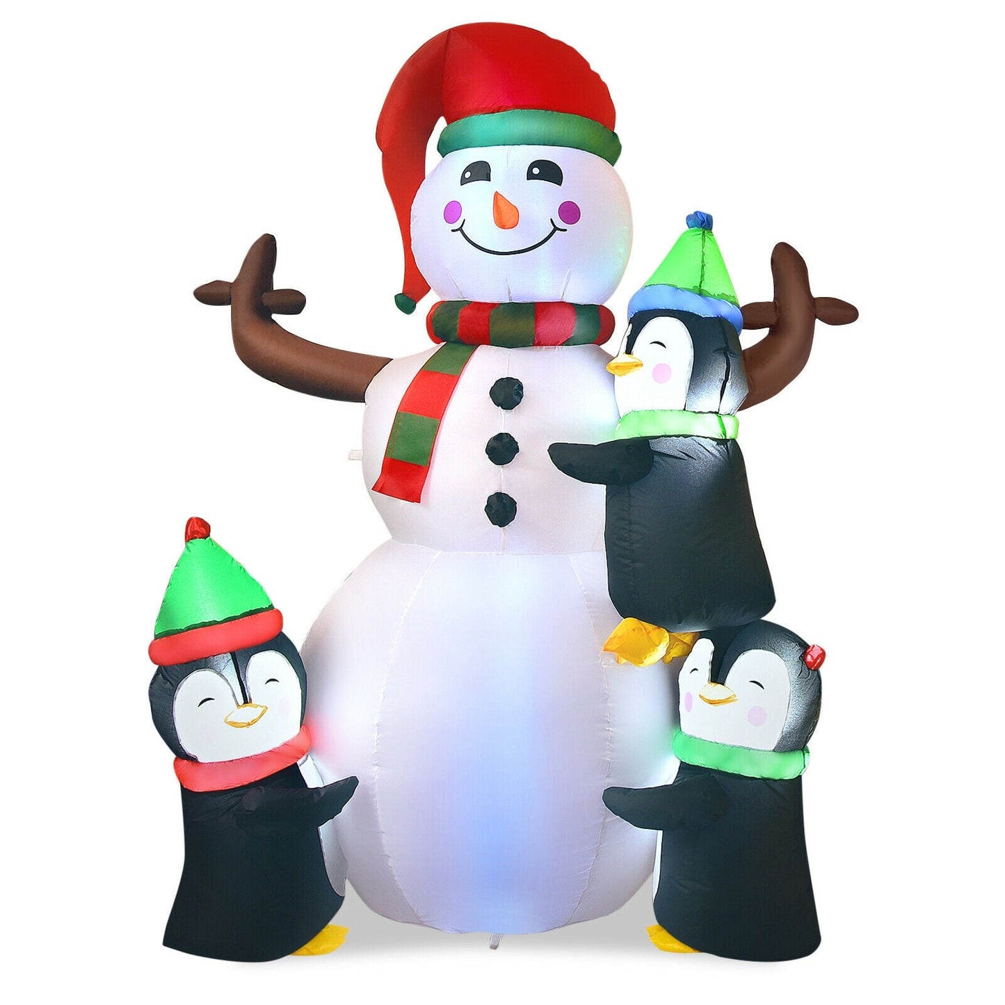 6 ft inflatable Christmas snowman with red hat and green scarf, flanked by penguin pals on Tampa Home & Garden Store