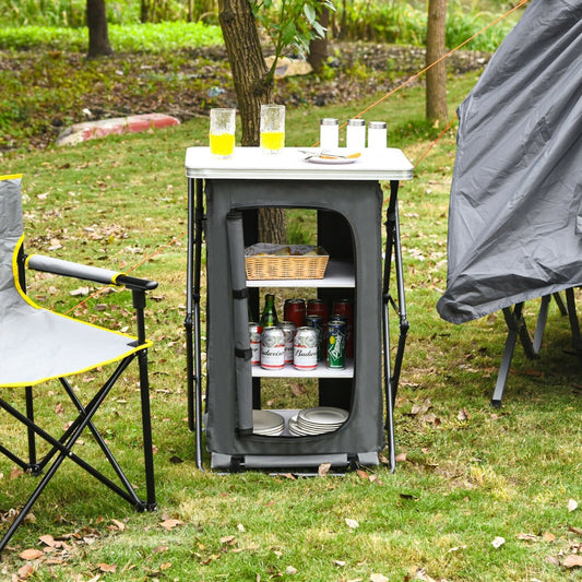 GemGear folding camping storage cabinet with 3 shelves, gray fabric finish, carry bag on Tampa Home & Garden Store