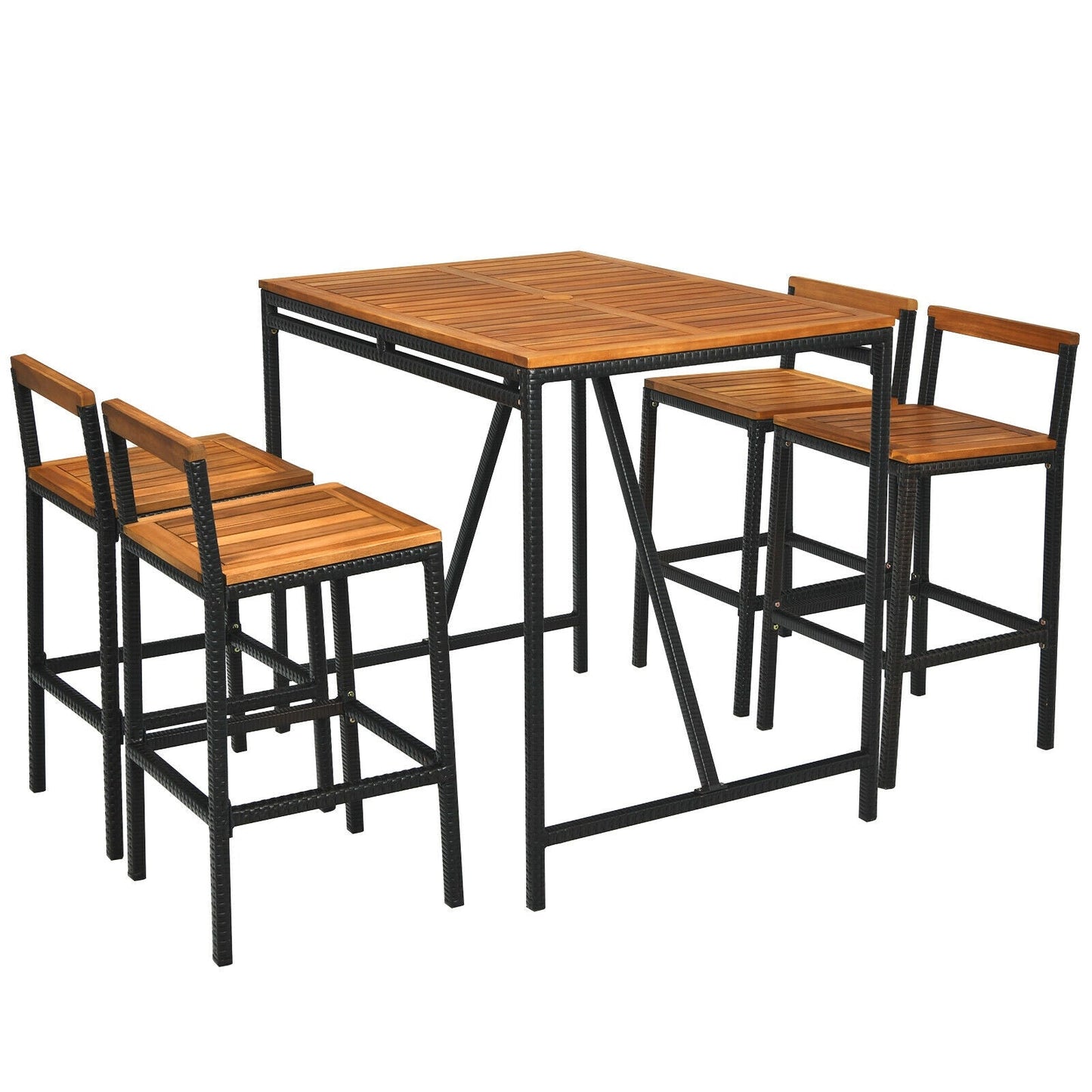 Juego de bar de 5 piezas de madera de acacia y ratán PE para exteriores